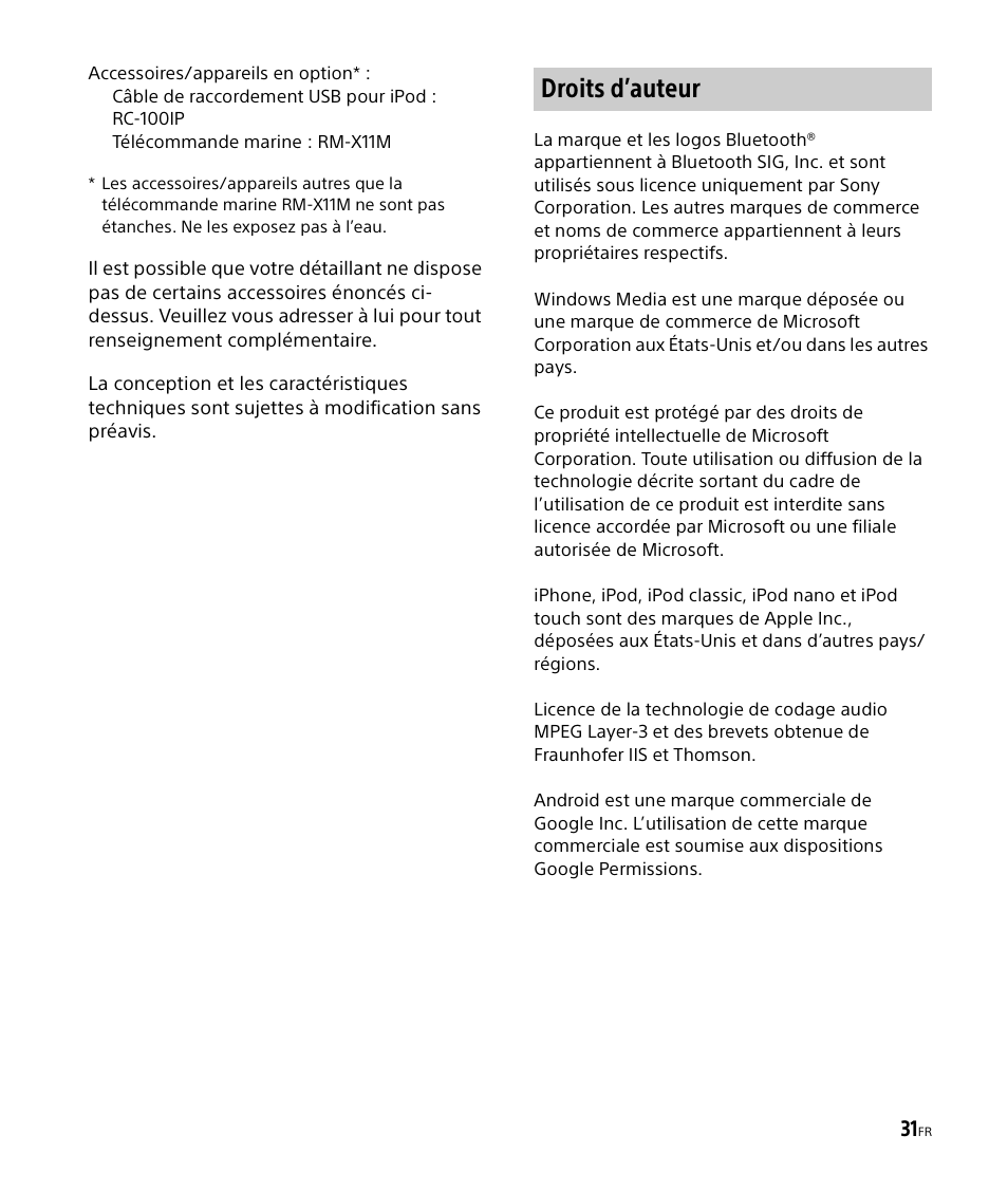 Droits d’auteur | Sony DSX-M50BT User Manual | Page 63 / 108