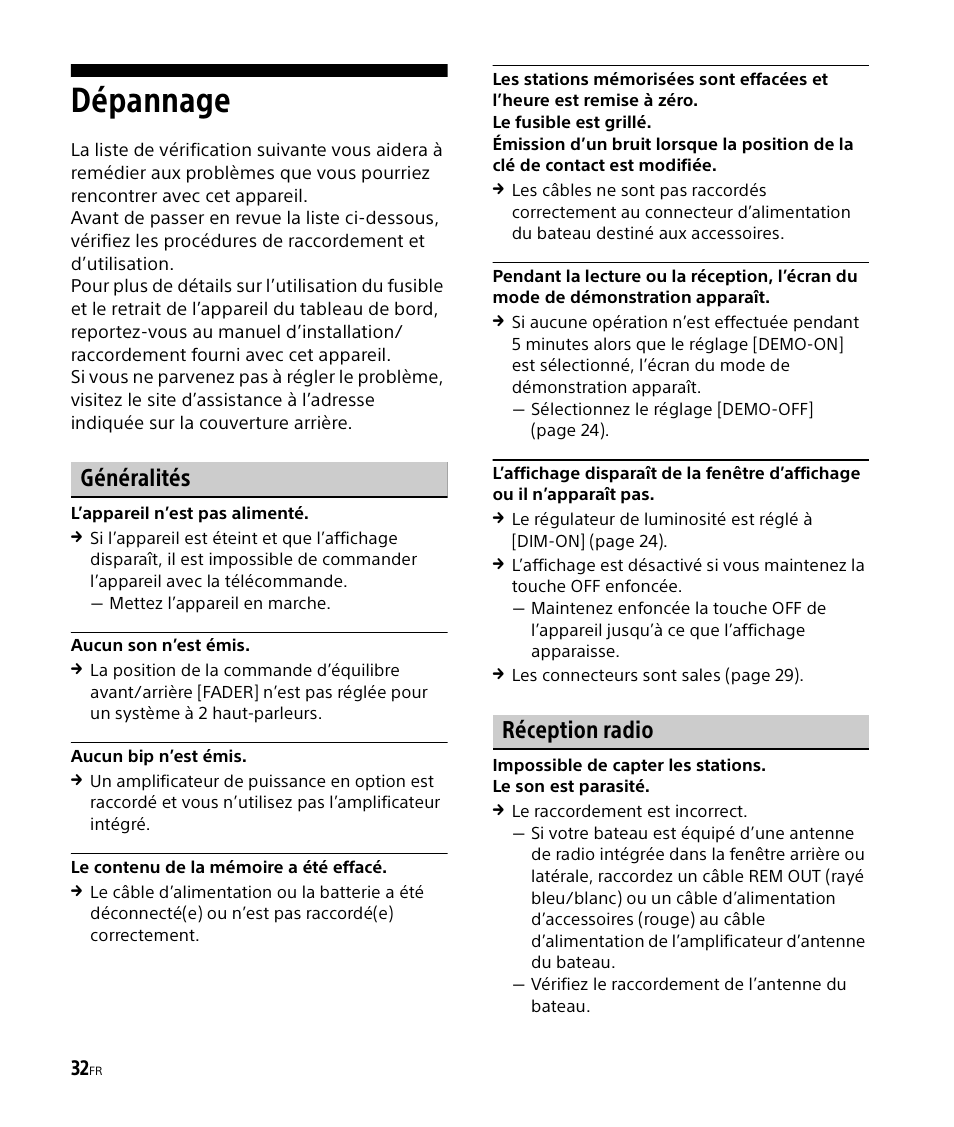 Dépannage, Généralités, Réception radio | Sony DSX-M50BT User Manual | Page 64 / 108