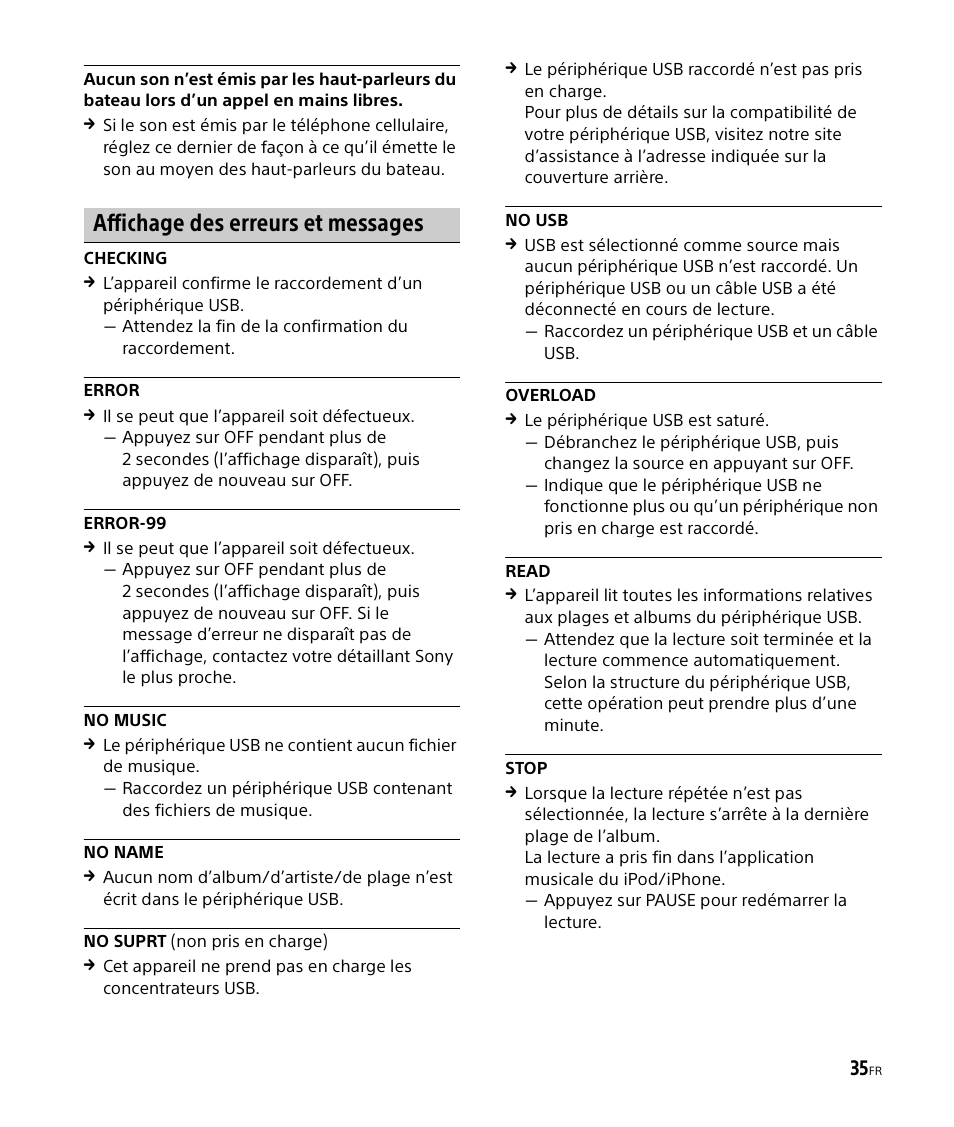 Affichage des erreurs et messages | Sony DSX-M50BT User Manual | Page 67 / 108