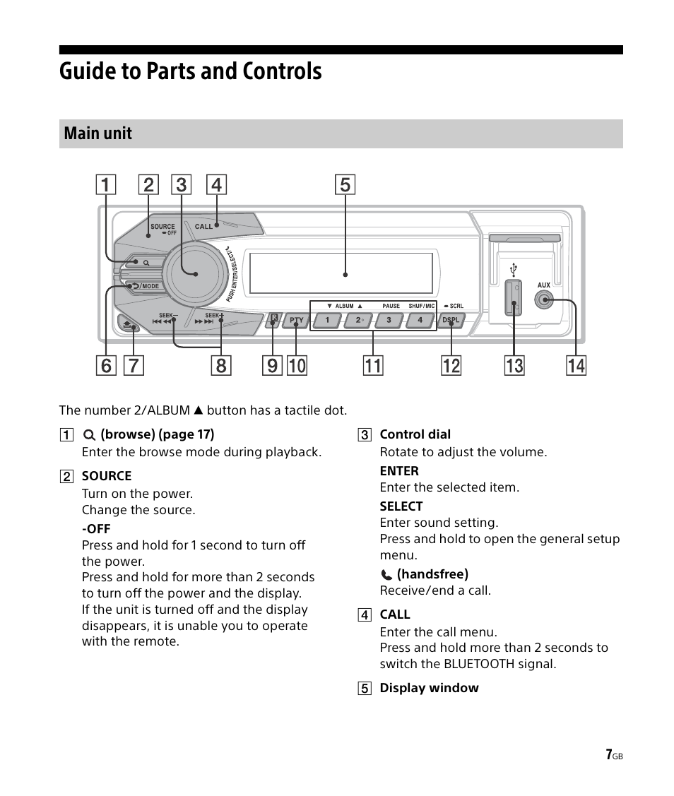 Guide to parts and controls, Main unit | Sony DSX-M50BT User Manual | Page 7 / 108