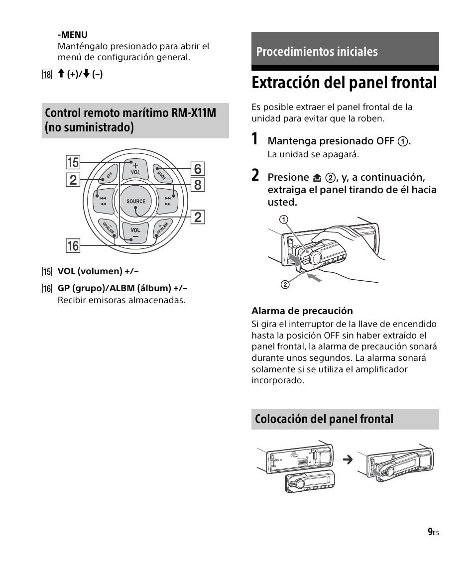 Procedimientos iniciales, Extracción del panel frontal | Sony DSX-M50BT User Manual | Page 77 / 108