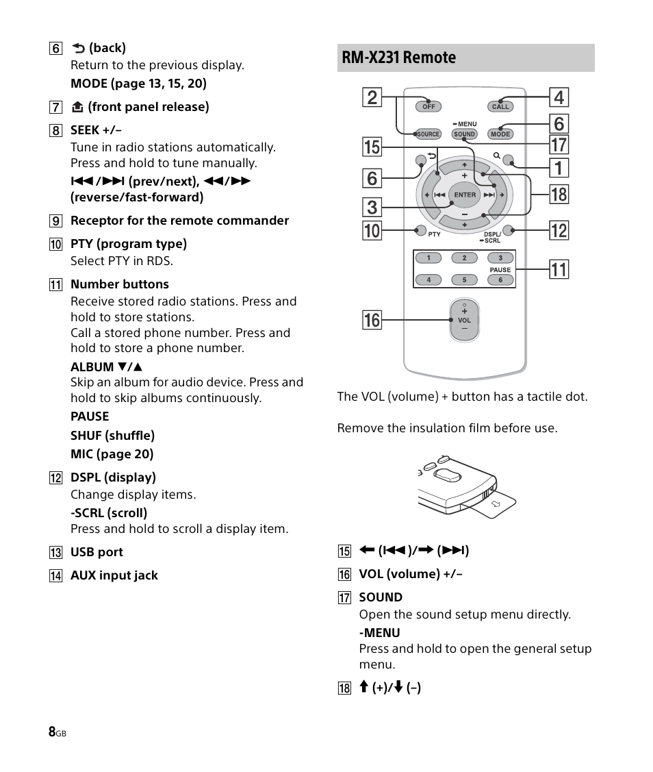 Rm-x231 remote | Sony DSX-M50BT User Manual | Page 8 / 108