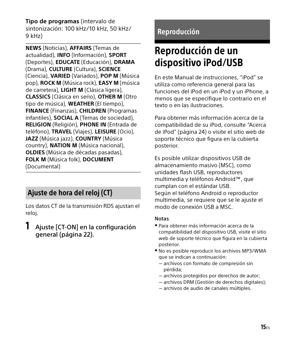 Reproducción, Reproducción de un dispositivo ipod/usb, Reproducción de un dispositivo | Ipod/usb, Ajuste de hora del reloj (ct) reproducción | Sony DSX-M50BT User Manual | Page 83 / 108