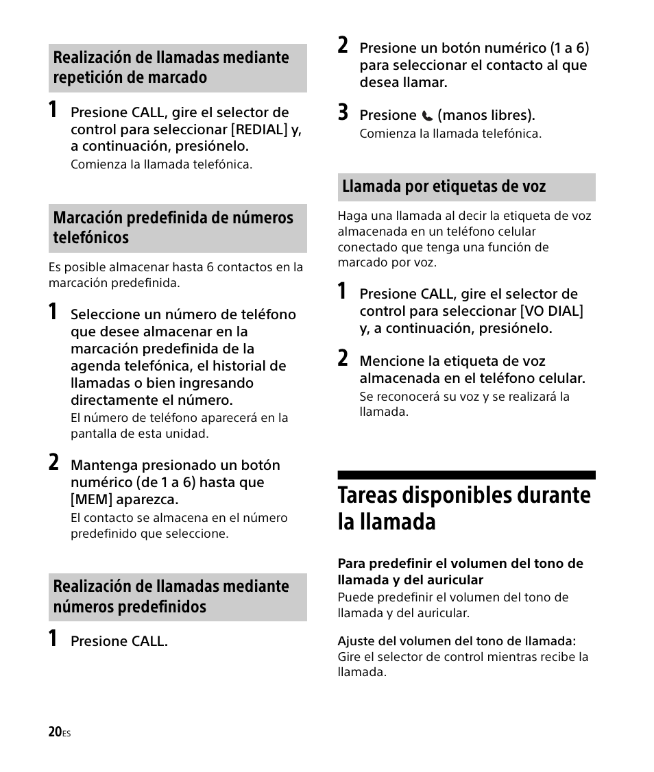 Tareas disponibles durante la llamada | Sony DSX-M50BT User Manual | Page 88 / 108