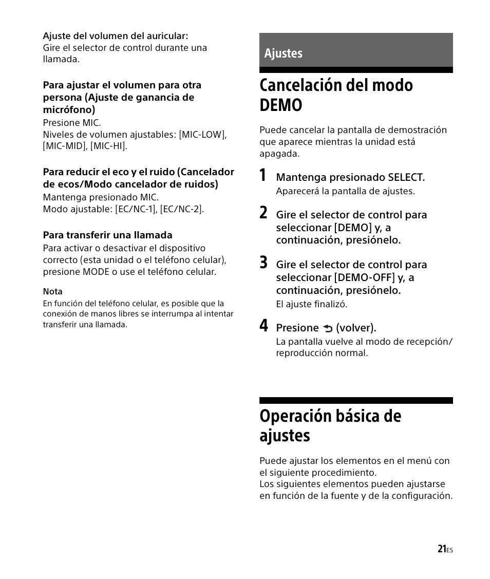 Ajustes, Cancelación del modo demo, Operación básica de ajustes | Sony DSX-M50BT User Manual | Page 89 / 108