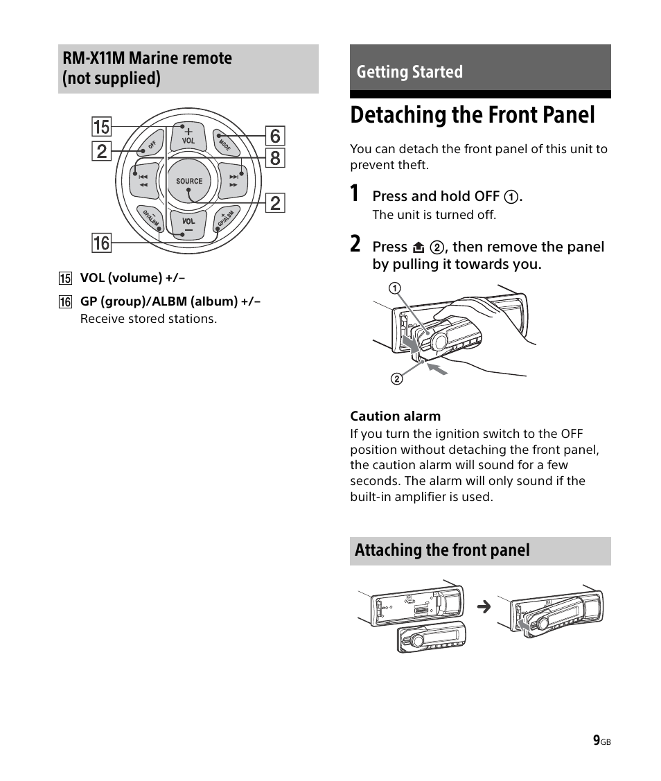 Getting started, Detaching the front panel | Sony DSX-M50BT User Manual | Page 9 / 108