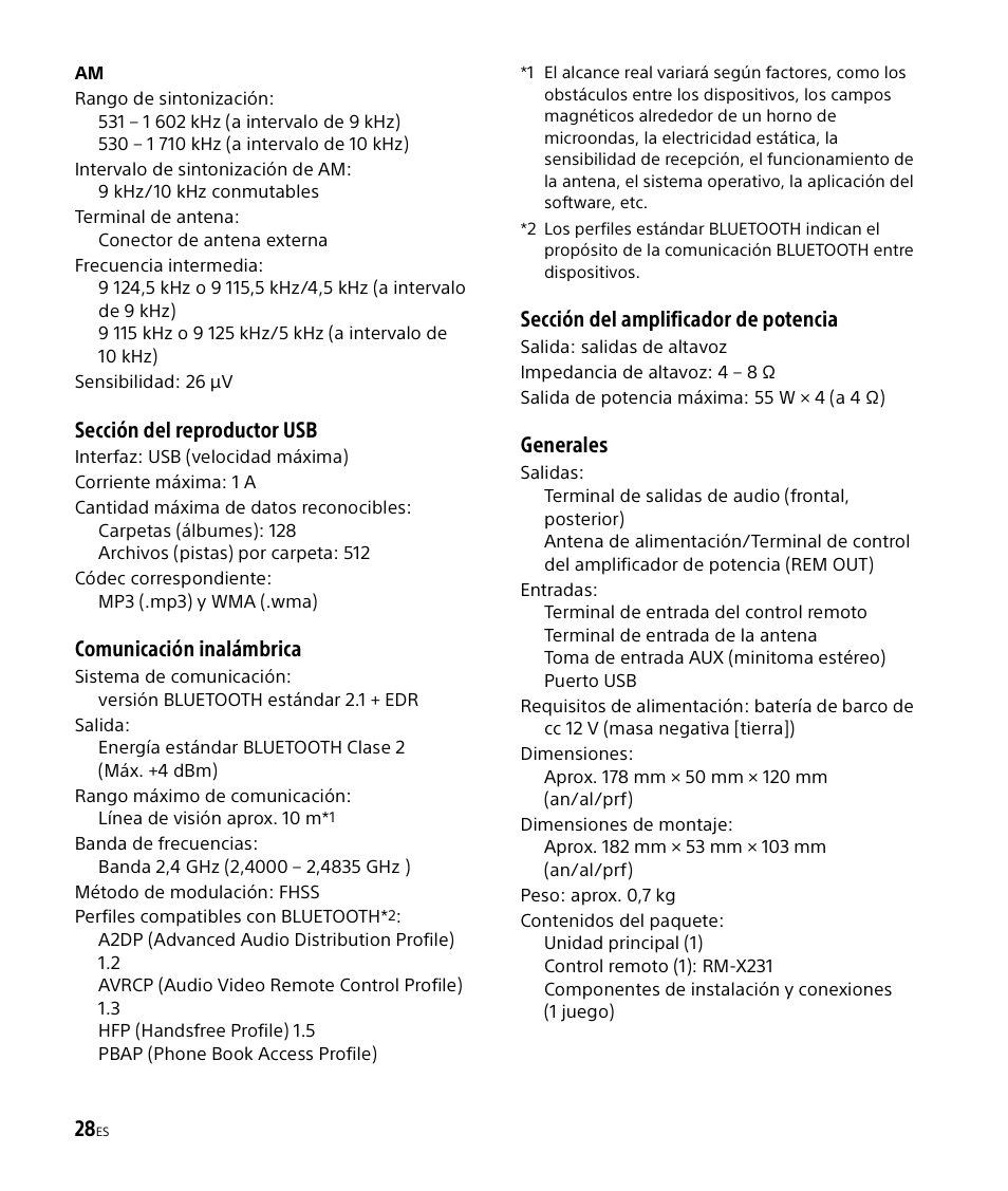 Sección del reproductor usb, Comunicación inalámbrica, Sección del amplificador de potencia | Generales | Sony DSX-M50BT User Manual | Page 96 / 108