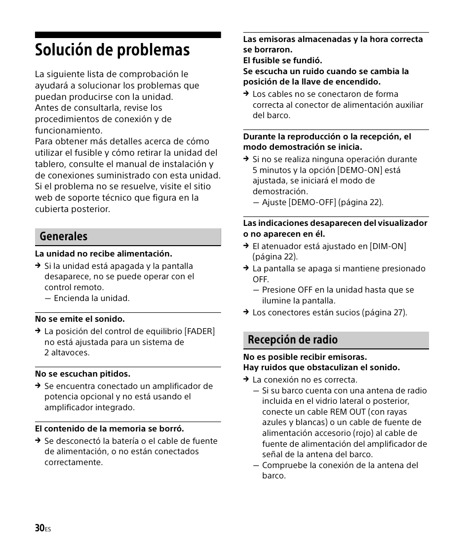 Solución de problemas, Generales, Recepción de radio | Sony DSX-M50BT User Manual | Page 98 / 108