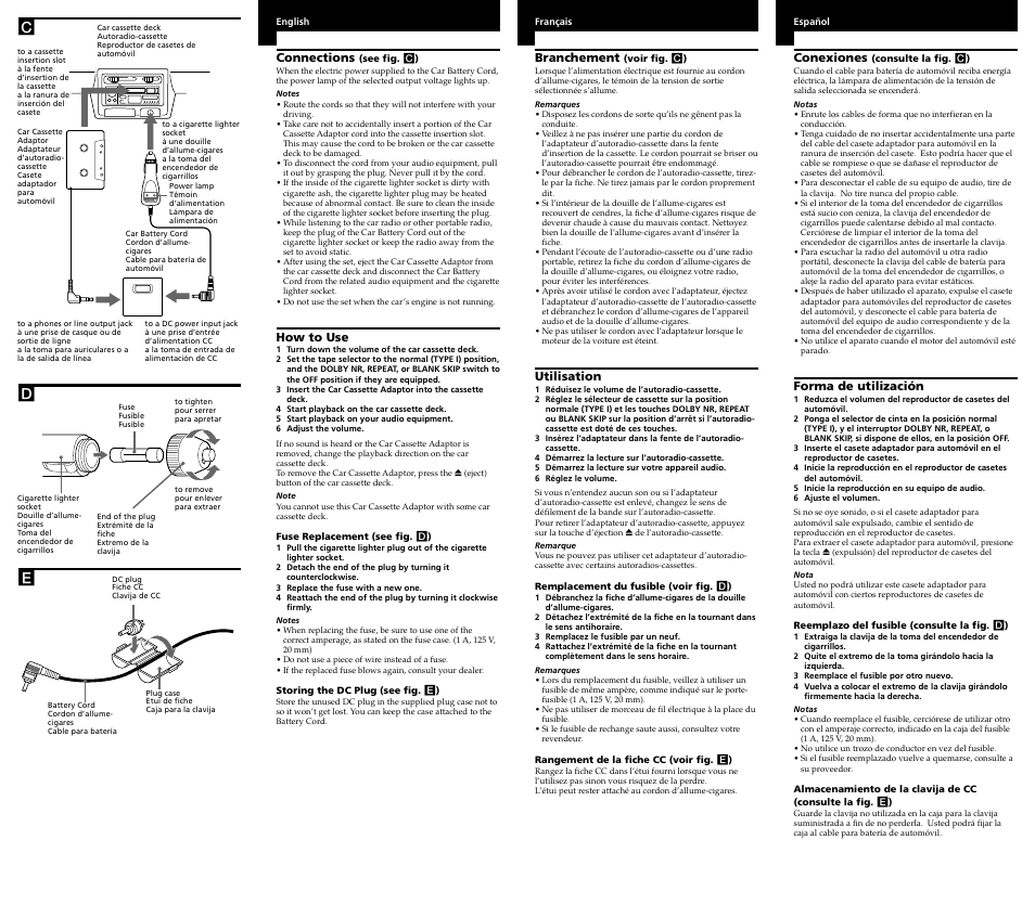 Cd e, Connections, How to use | Conexiones, Forma de utilización, Branchement, Utilisation | Sony DCC-E34CP User Manual | Page 2 / 2