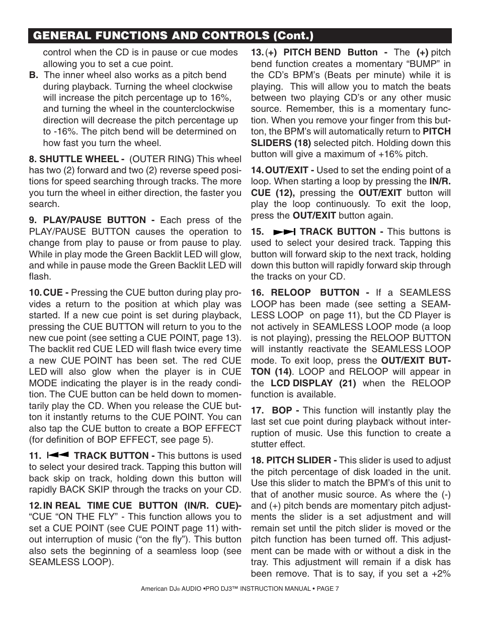 General functions and controls (cont.) | American Audio PRO DJ 3 User Manual | Page 7 / 17