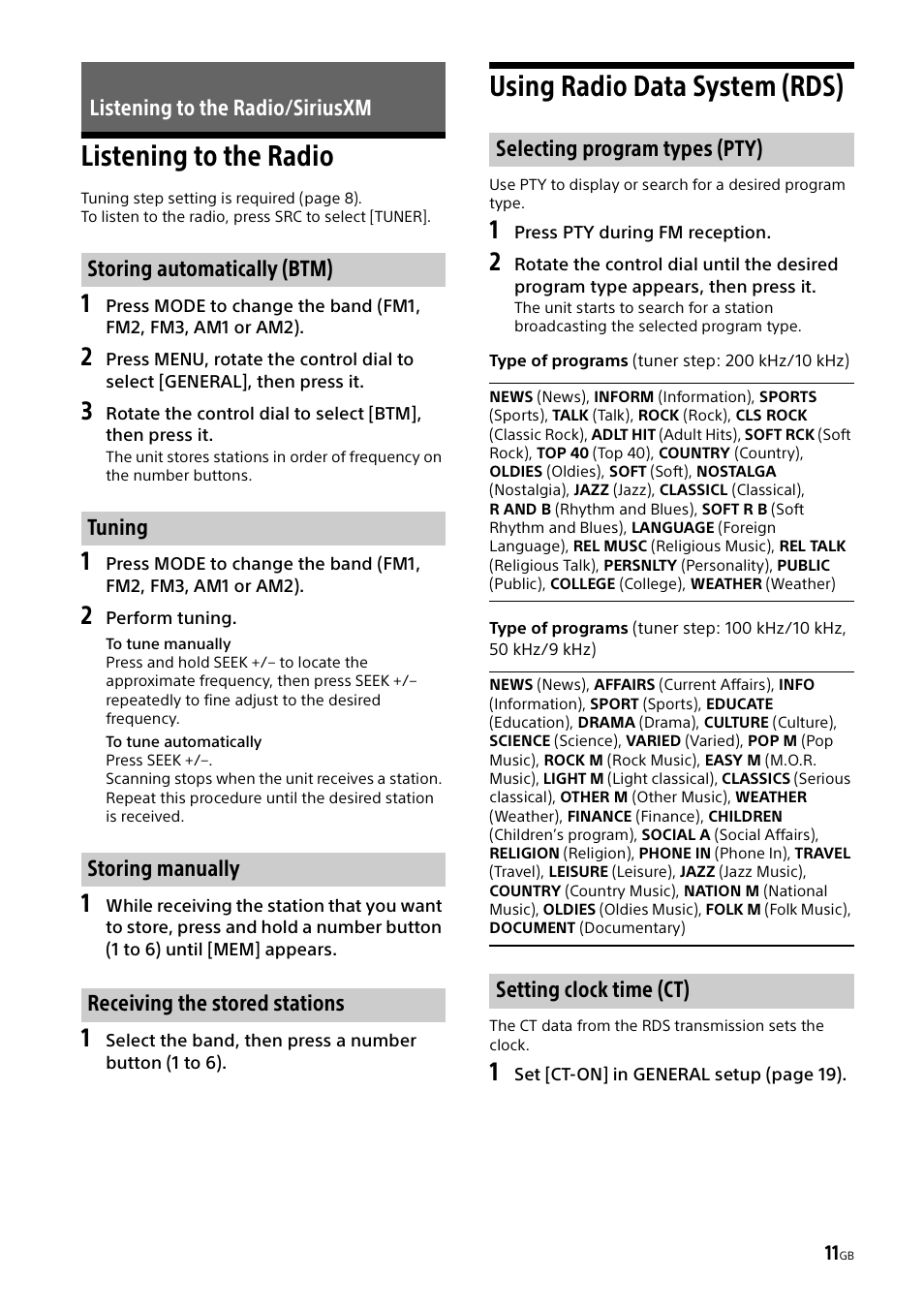 Listening to the radio/siriusxm, Listening to the radio, Using radio data system (rds) | Sony MEX-M70BT User Manual | Page 11 / 100