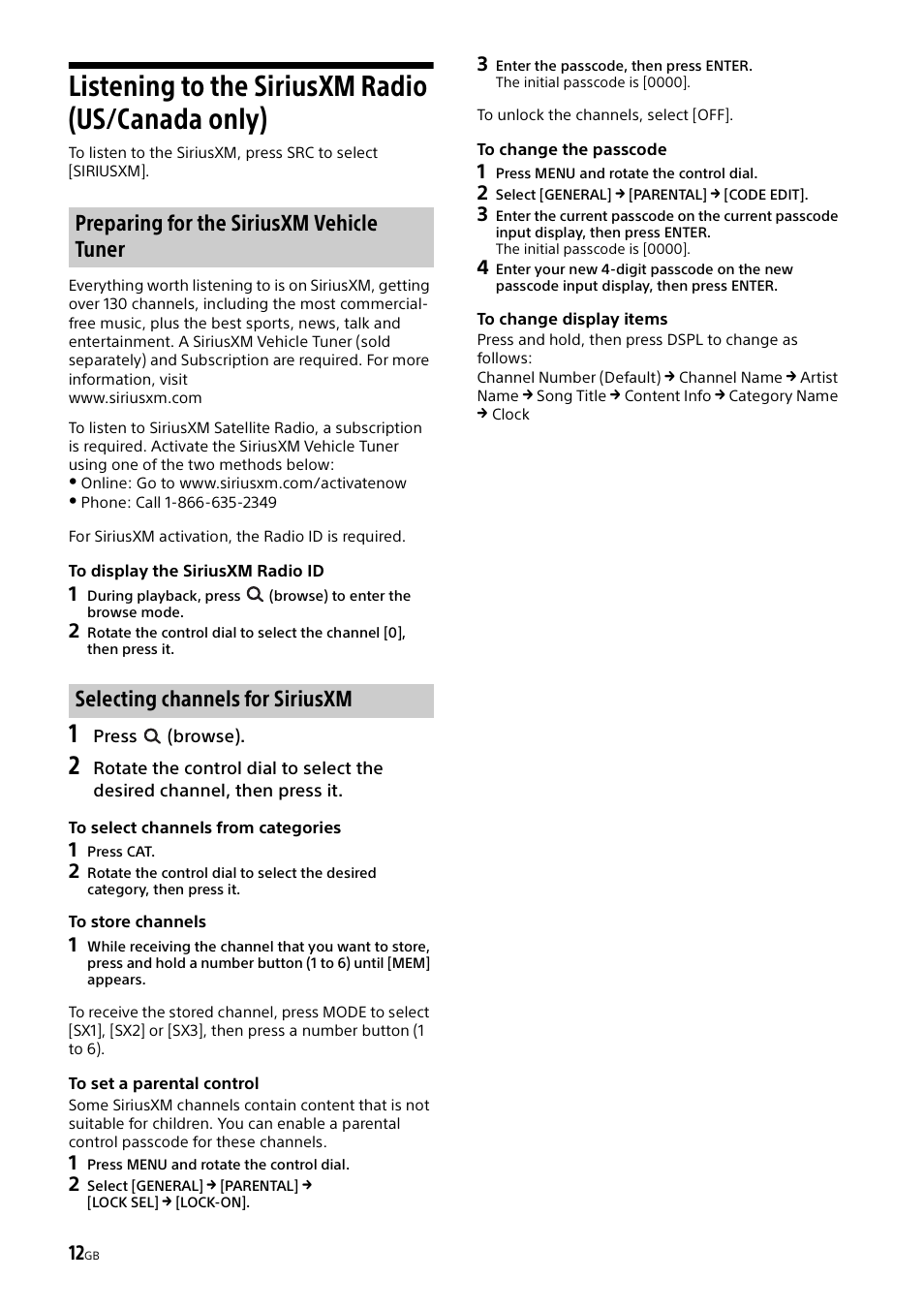 Listening to the siriusxm radio (us/canada only), Listening to the siriusxm radio, Us/canada only) | Sony MEX-M70BT User Manual | Page 12 / 100