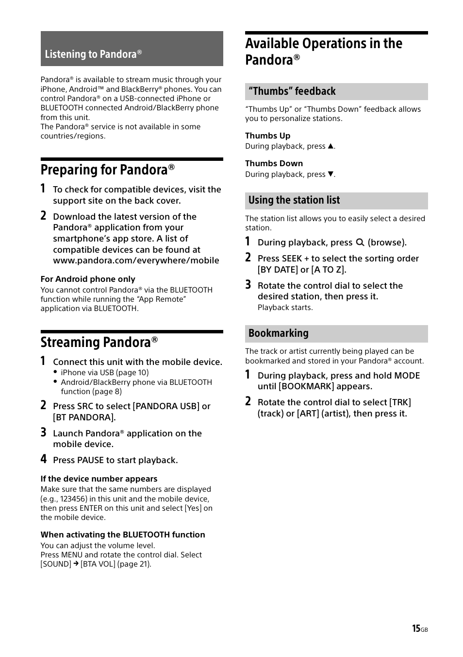 Listening to pandora, Preparing for pandora, Streaming pandora | Available operations in the pandora | Sony MEX-M70BT User Manual | Page 15 / 100