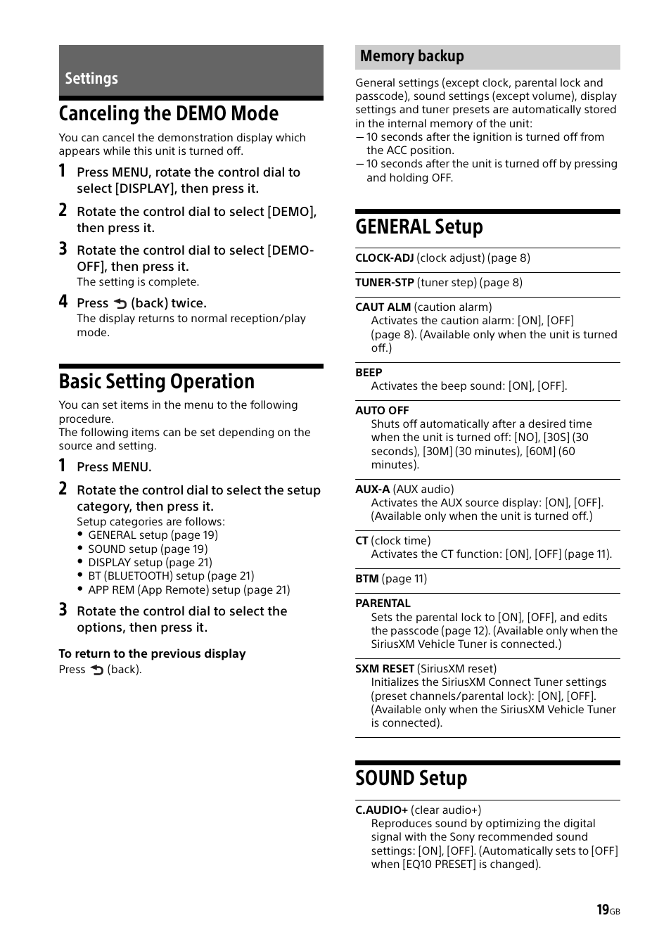 Settings, Canceling the demo mode, Basic setting operation | General setup, Sound setup | Sony MEX-M70BT User Manual | Page 19 / 100