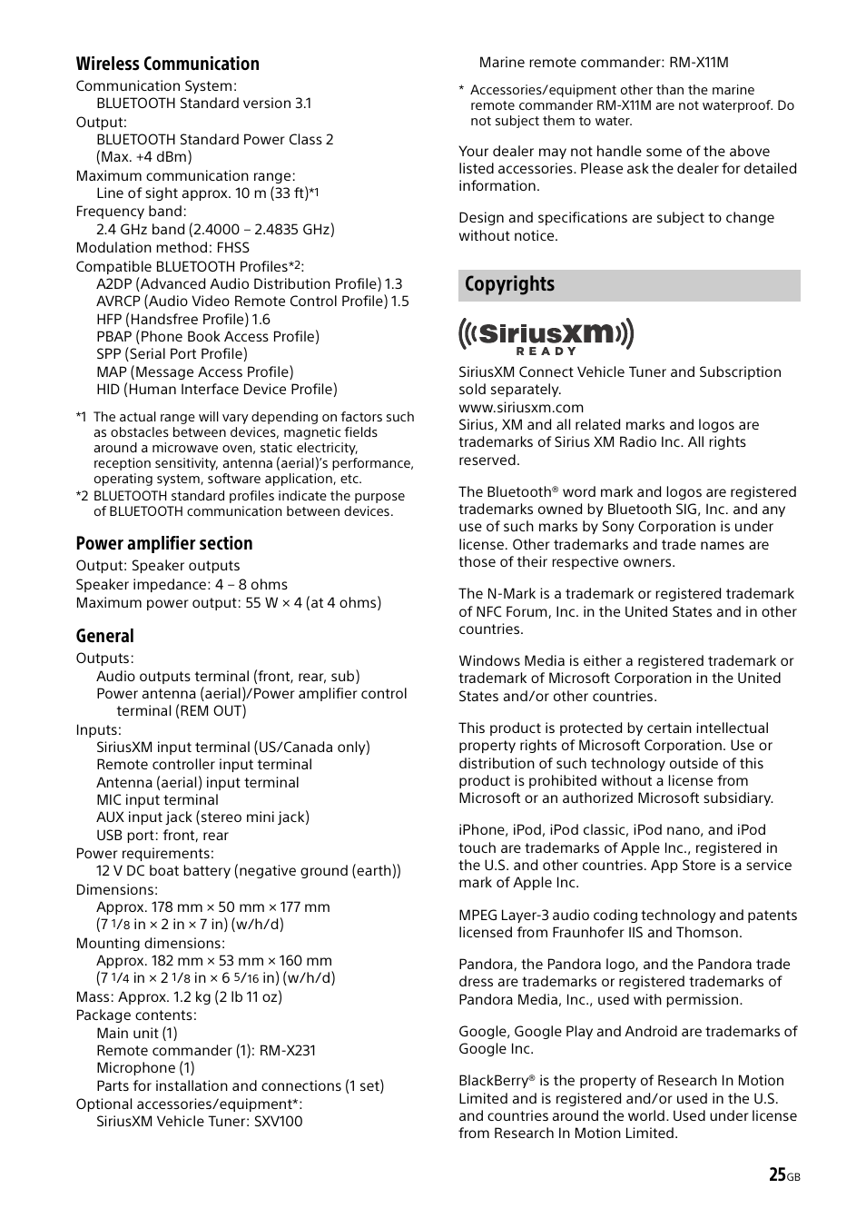 Copyrights, Wireless communication, General | Sony MEX-M70BT User Manual | Page 25 / 100