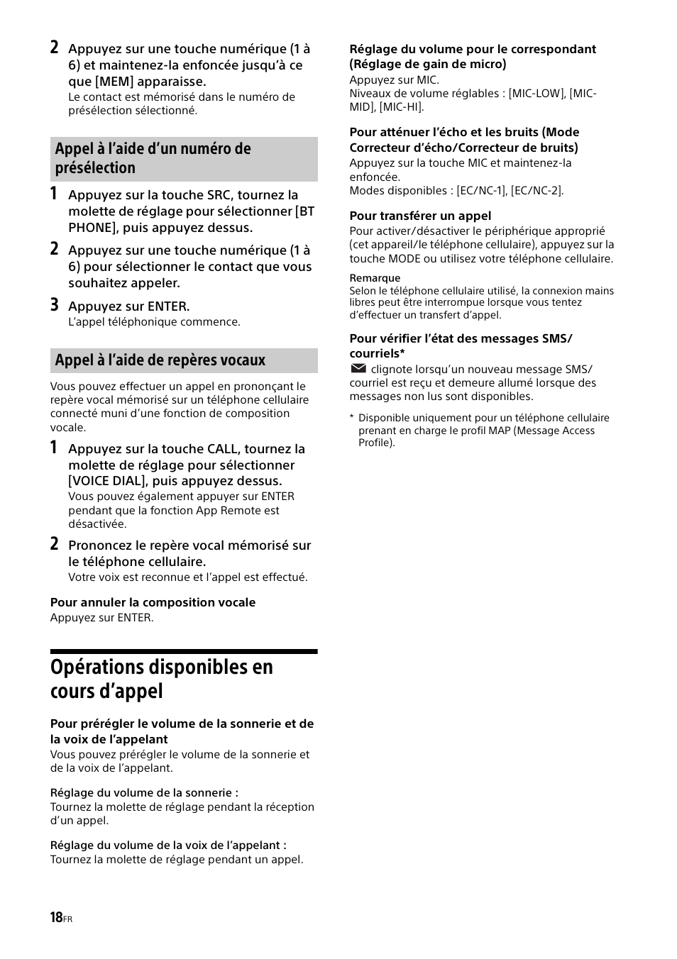 Opérations disponibles en cours d’appel | Sony MEX-M70BT User Manual | Page 48 / 100