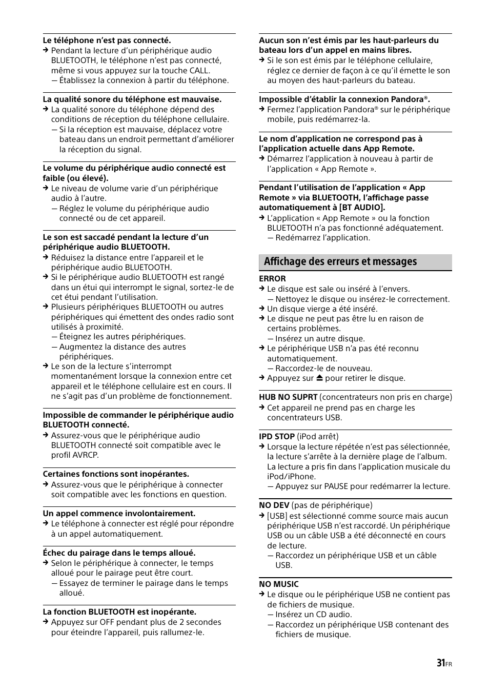 Affichage des erreurs et messages | Sony MEX-M70BT User Manual | Page 61 / 100