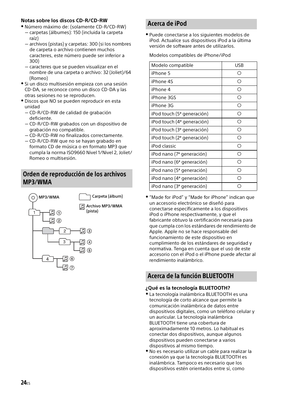 Orden de reproducción de los archivos mp3/wma, Acerca de ipod, Acerca de la función bluetooth | Sony MEX-M70BT User Manual | Page 86 / 100