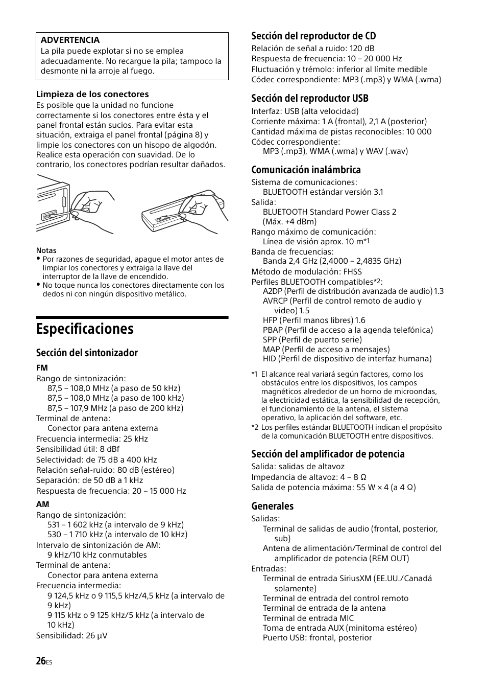 Especificaciones, Sección del sintonizador, Sección del reproductor de cd | Sección del reproductor usb, Comunicación inalámbrica, Sección del amplificador de potencia, Generales | Sony MEX-M70BT User Manual | Page 88 / 100