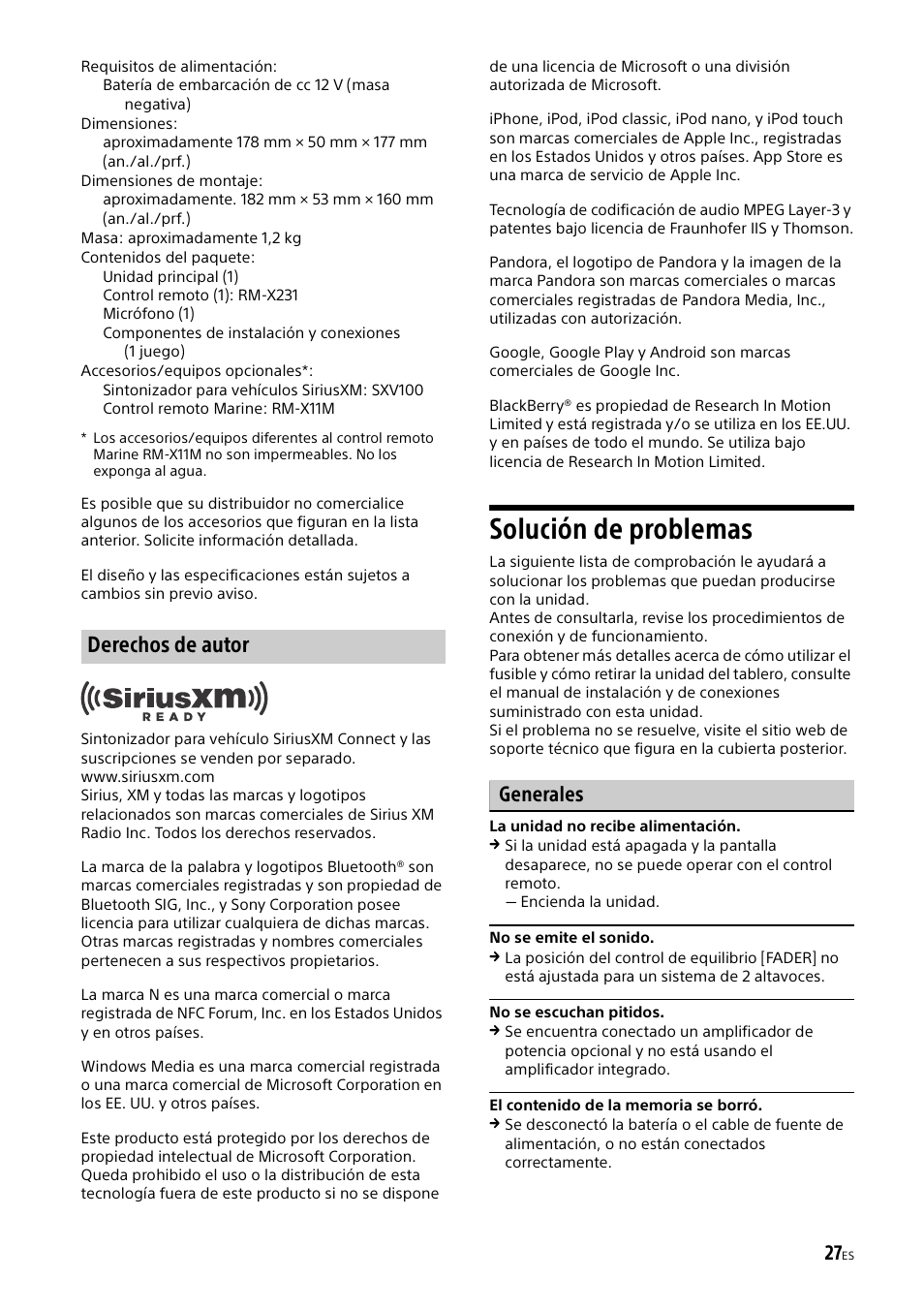 Solución de problemas, Derechos de autor, Generales | Sony MEX-M70BT User Manual | Page 89 / 100