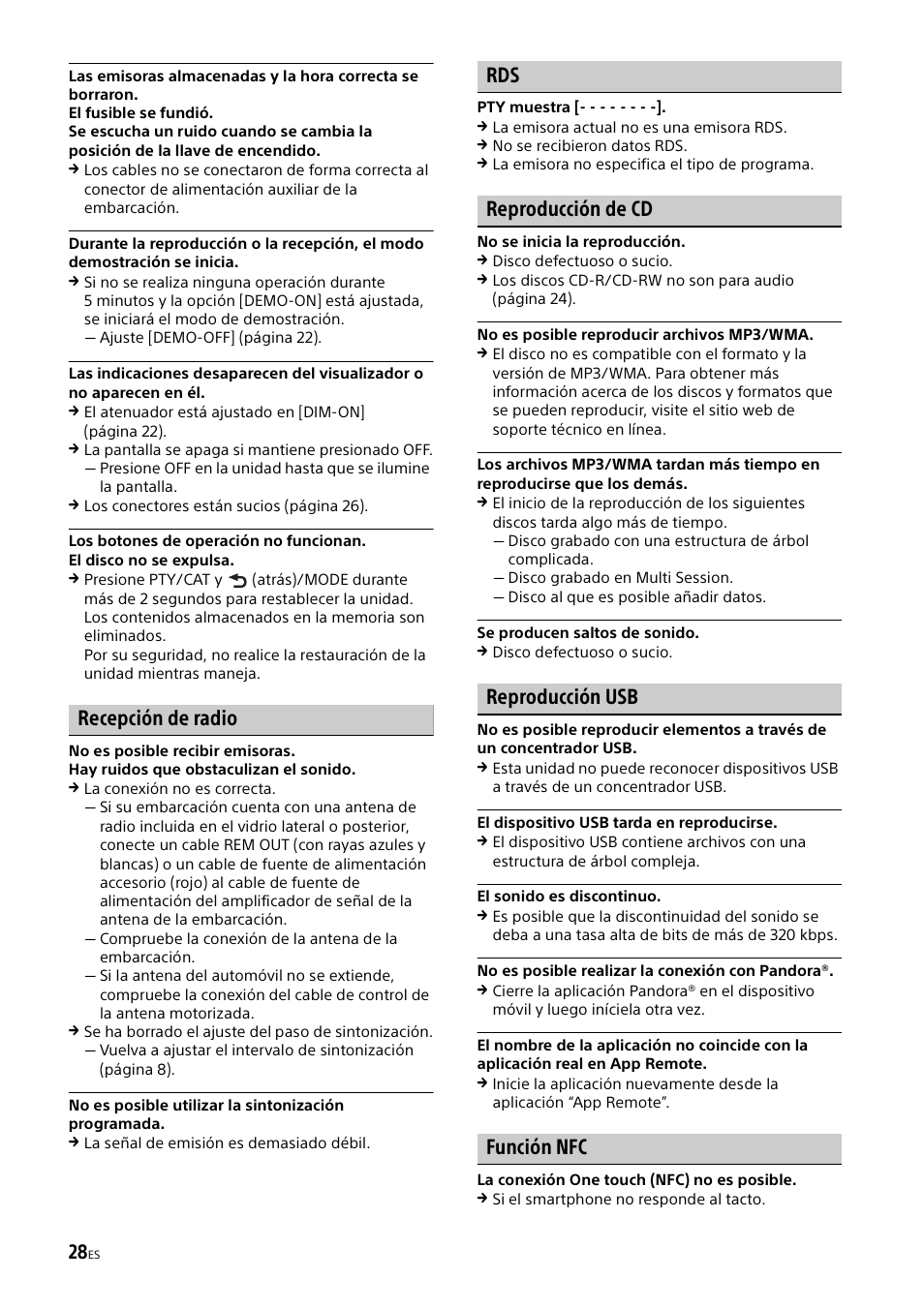 Recepción de radio, Reproducción de cd, Reproducción usb | Función nfc | Sony MEX-M70BT User Manual | Page 90 / 100