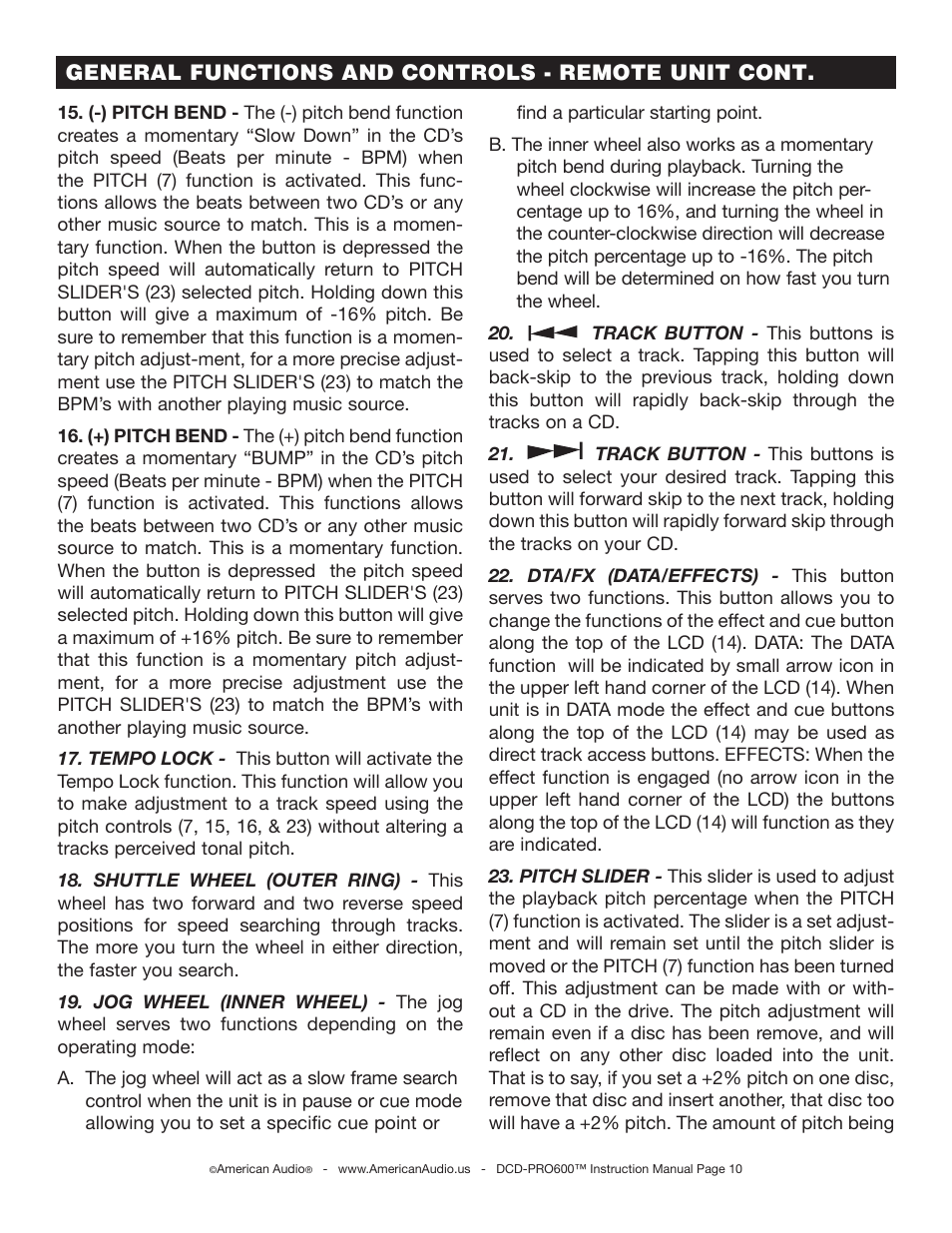 General functions and controls - remote unit cont | American Audio DCD-PRO600 User Manual | Page 10 / 32