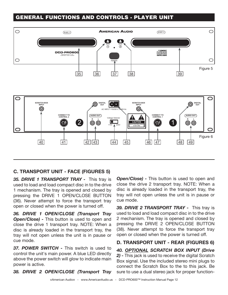 General functions and controls - player unit, C. transport unit - face (figures 5), D. transport unit - rear (figures 6) | American Audio DCD-PRO600 User Manual | Page 12 / 32