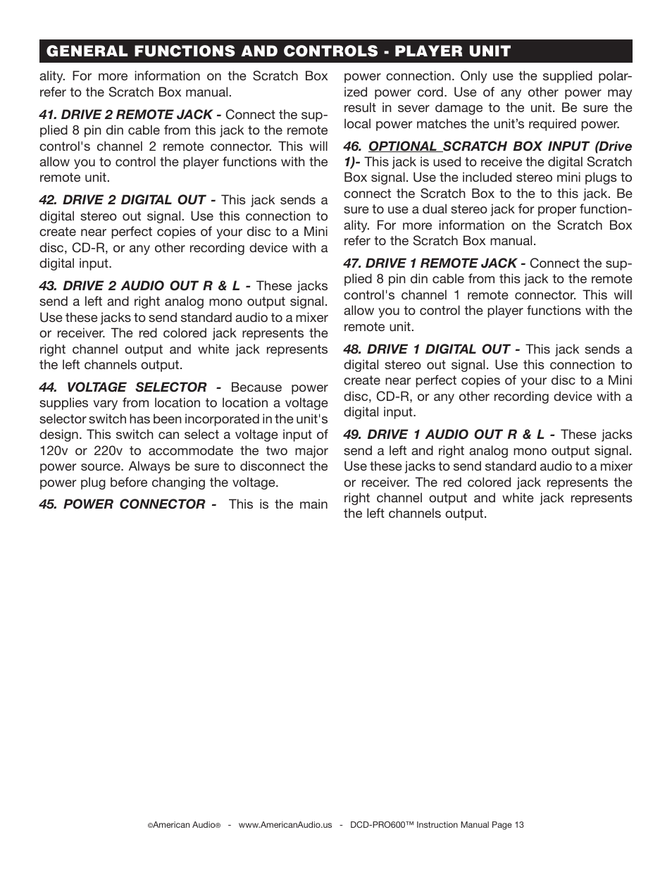 General functions and controls - player unit | American Audio DCD-PRO600 User Manual | Page 13 / 32