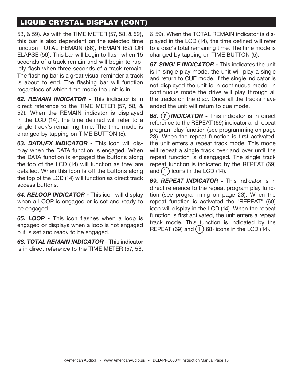 Liquid crystal display (cont) | American Audio DCD-PRO600 User Manual | Page 15 / 32