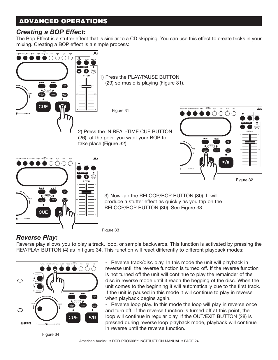 Reverse play, Creating a bop effect, Advanced operations | American Audio DCD-PRO600 User Manual | Page 24 / 32