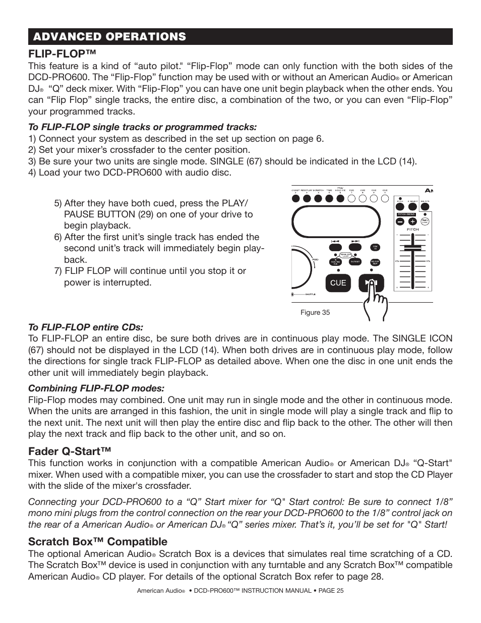 Fader q-start, Scratch box™ compatible, Advanced operations flip-flop | American Audio DCD-PRO600 User Manual | Page 25 / 32