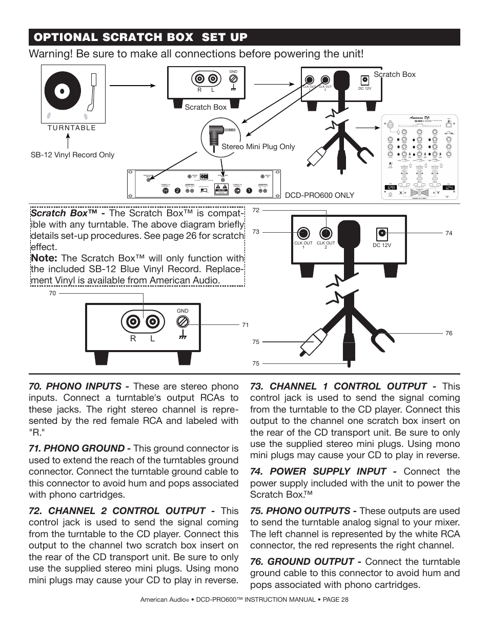 Optional scratch box set up, Risk of electrical shock do not open | American Audio DCD-PRO600 User Manual | Page 28 / 32