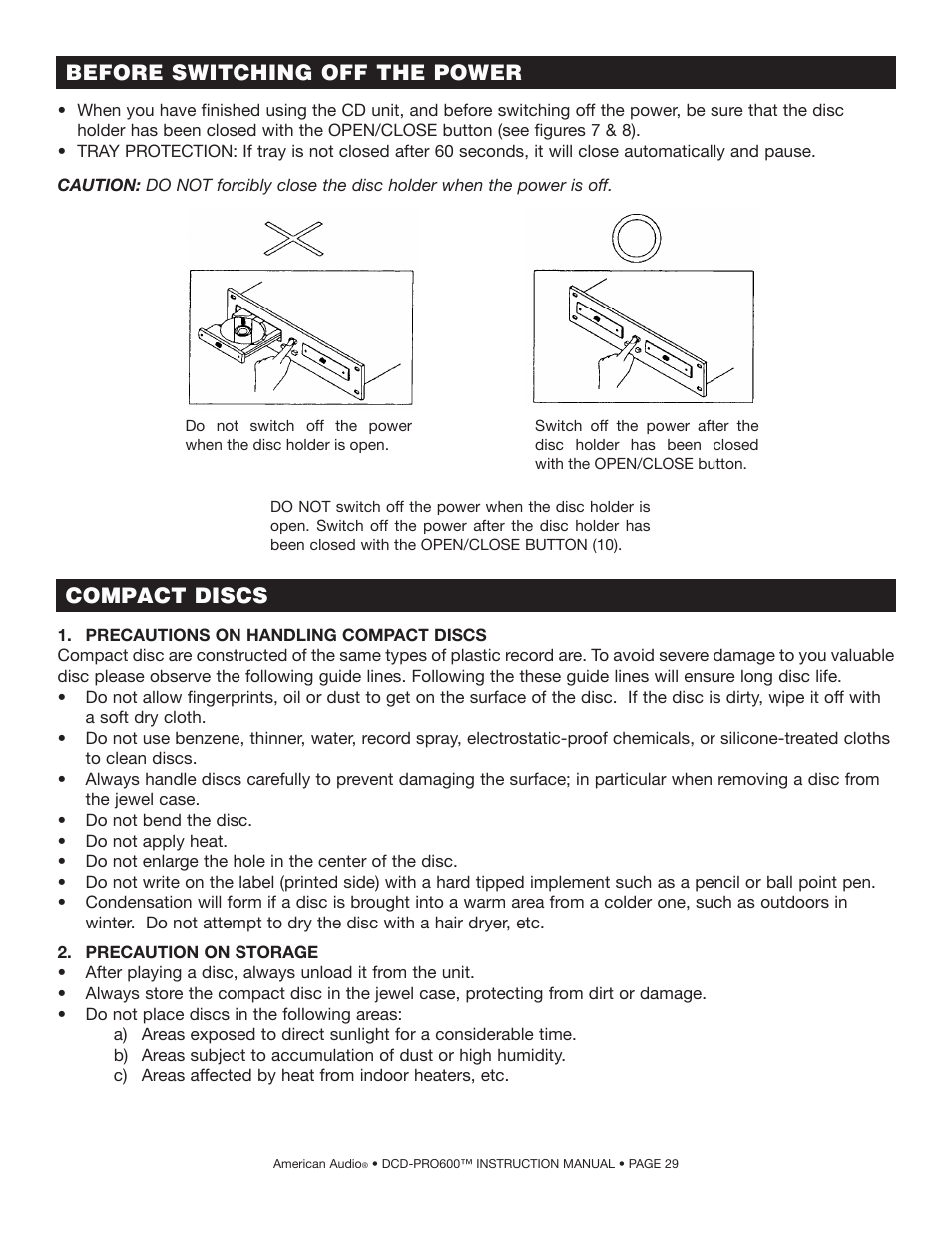 Compact discs, Before switching off the power | American Audio DCD-PRO600 User Manual | Page 29 / 32