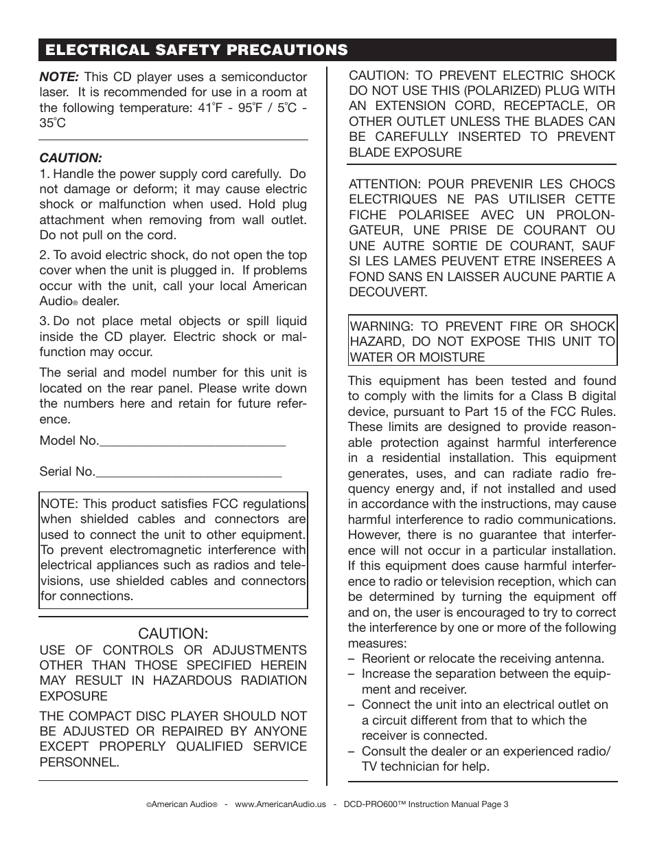 Caution, Electrical safety precautions | American Audio DCD-PRO600 User Manual | Page 3 / 32