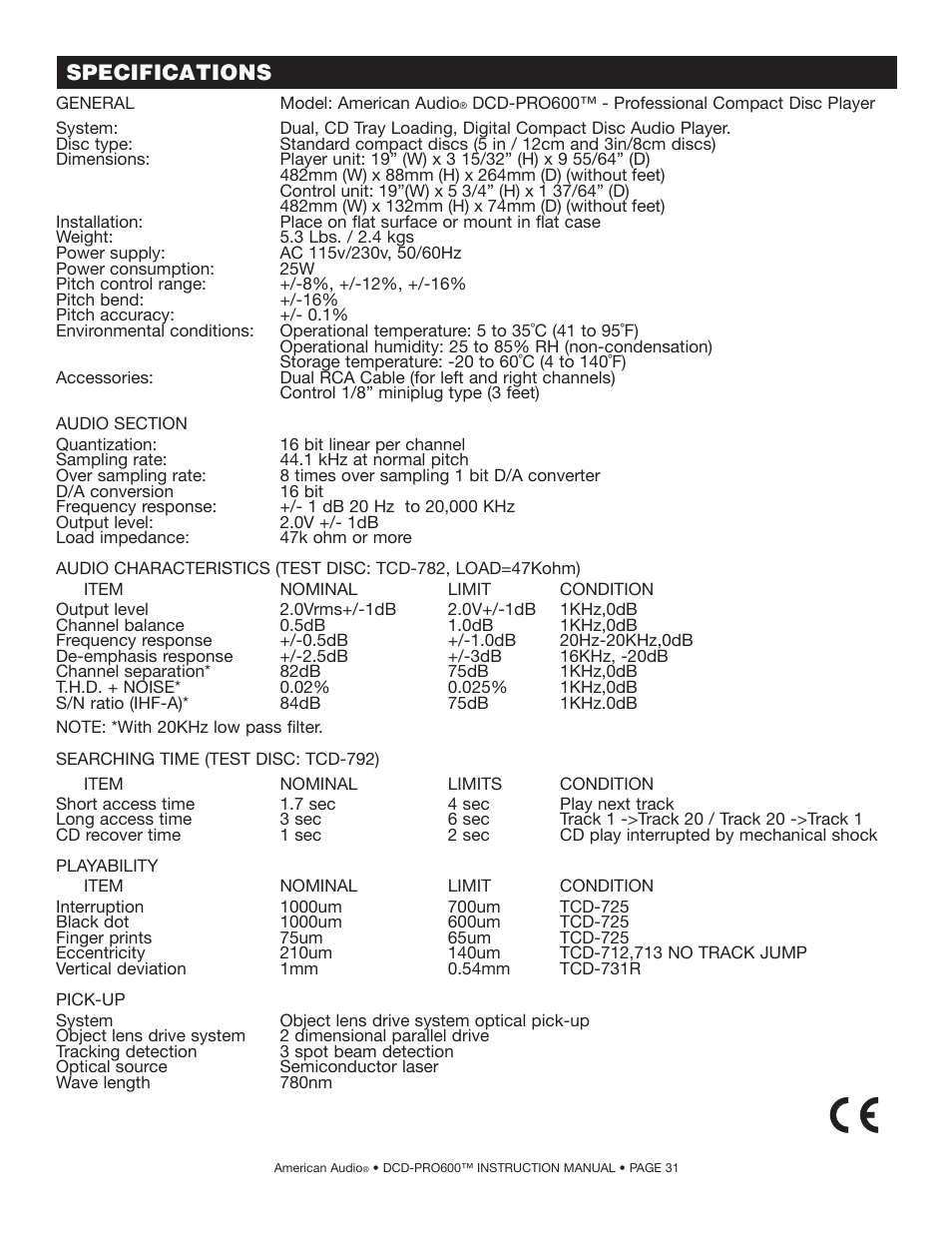 Specifications | American Audio DCD-PRO600 User Manual | Page 31 / 32