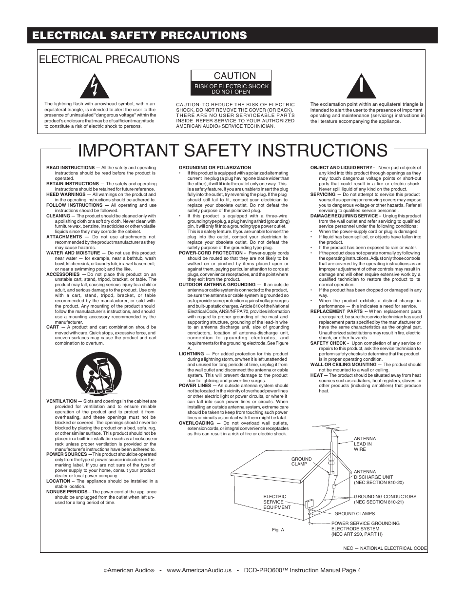 Important safety instructions, Electrical precautions, Electrical safety precautions | Caution | American Audio DCD-PRO600 User Manual | Page 4 / 32