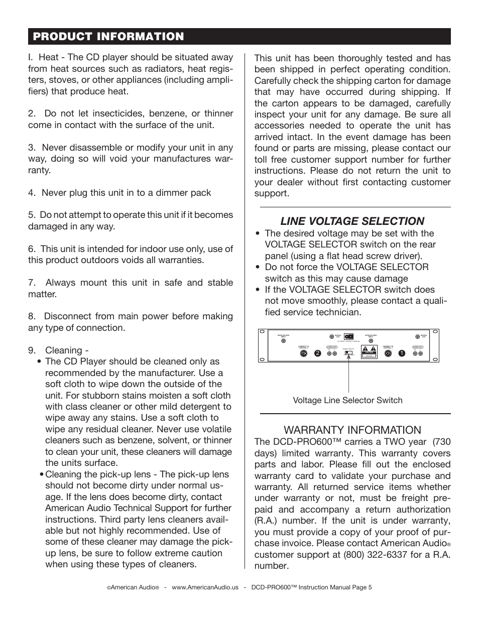 Product information, Line voltage selection, Warranty information | Voltage line selector switch | American Audio DCD-PRO600 User Manual | Page 5 / 32