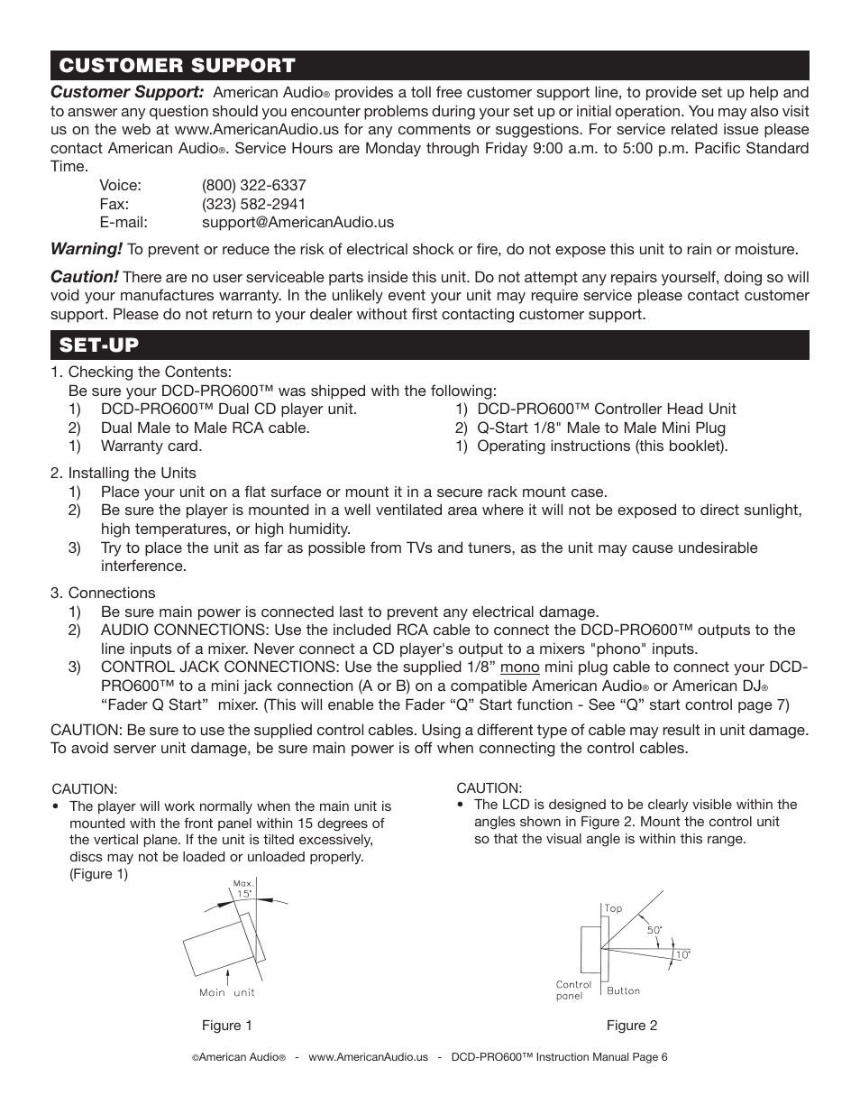 Set-up, Customer support | American Audio DCD-PRO600 User Manual | Page 6 / 32