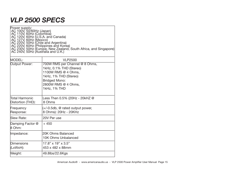 Vlp 2500 specs | American Audio VLP 2500 User Manual | Page 15 / 16