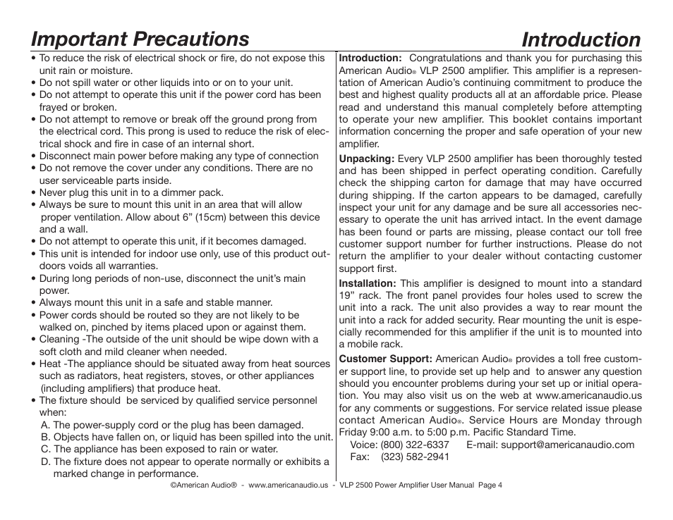 Important precautions, Introduction | American Audio VLP 2500 User Manual | Page 4 / 16