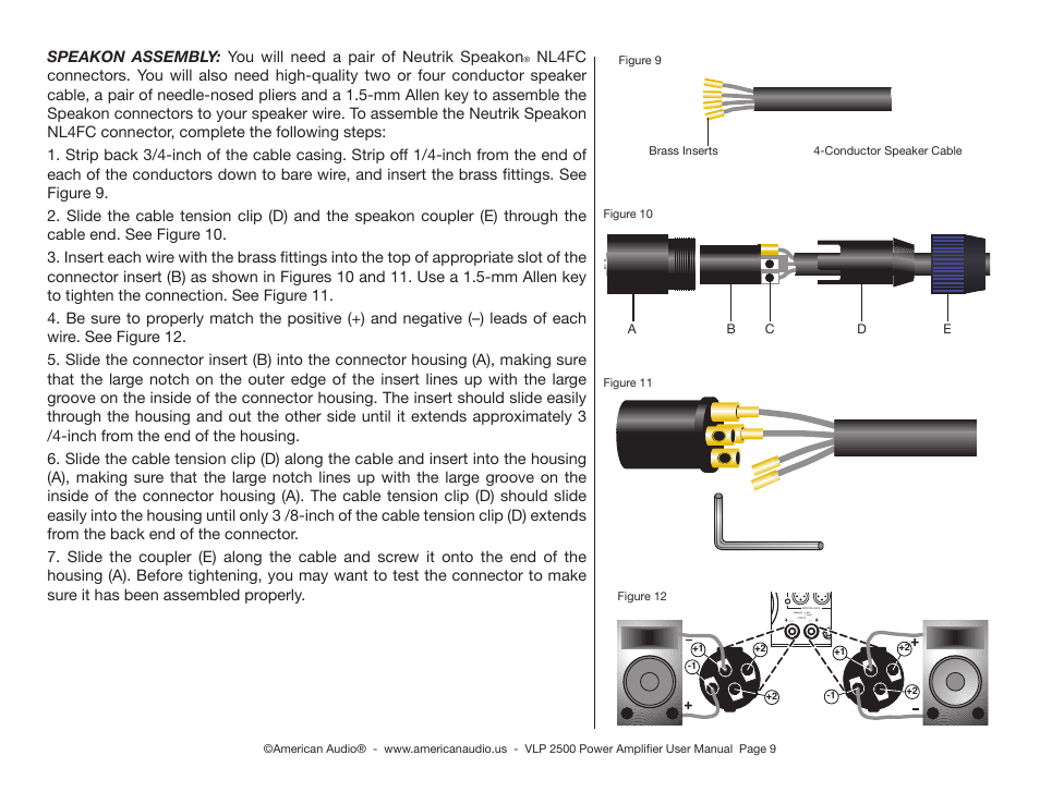 Speakon 1+ hot 1 cold, De b a c | American Audio VLP 2500 User Manual | Page 9 / 16