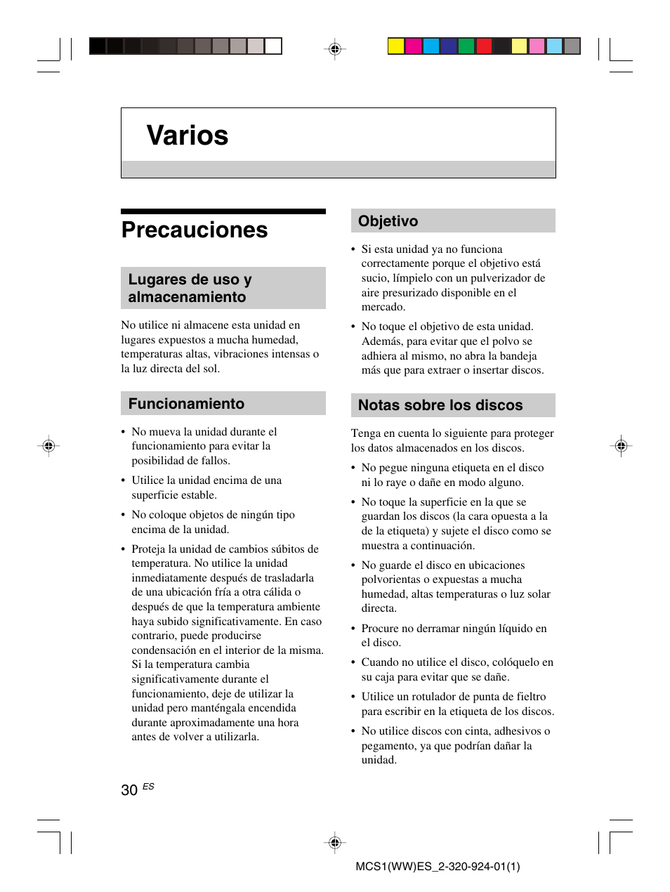 Varios, Precauciones | Sony MCS1 User Manual | Page 100 / 108