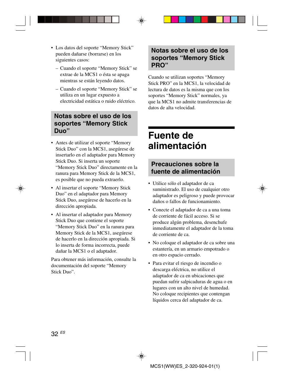 Fuente de alimentación | Sony MCS1 User Manual | Page 102 / 108