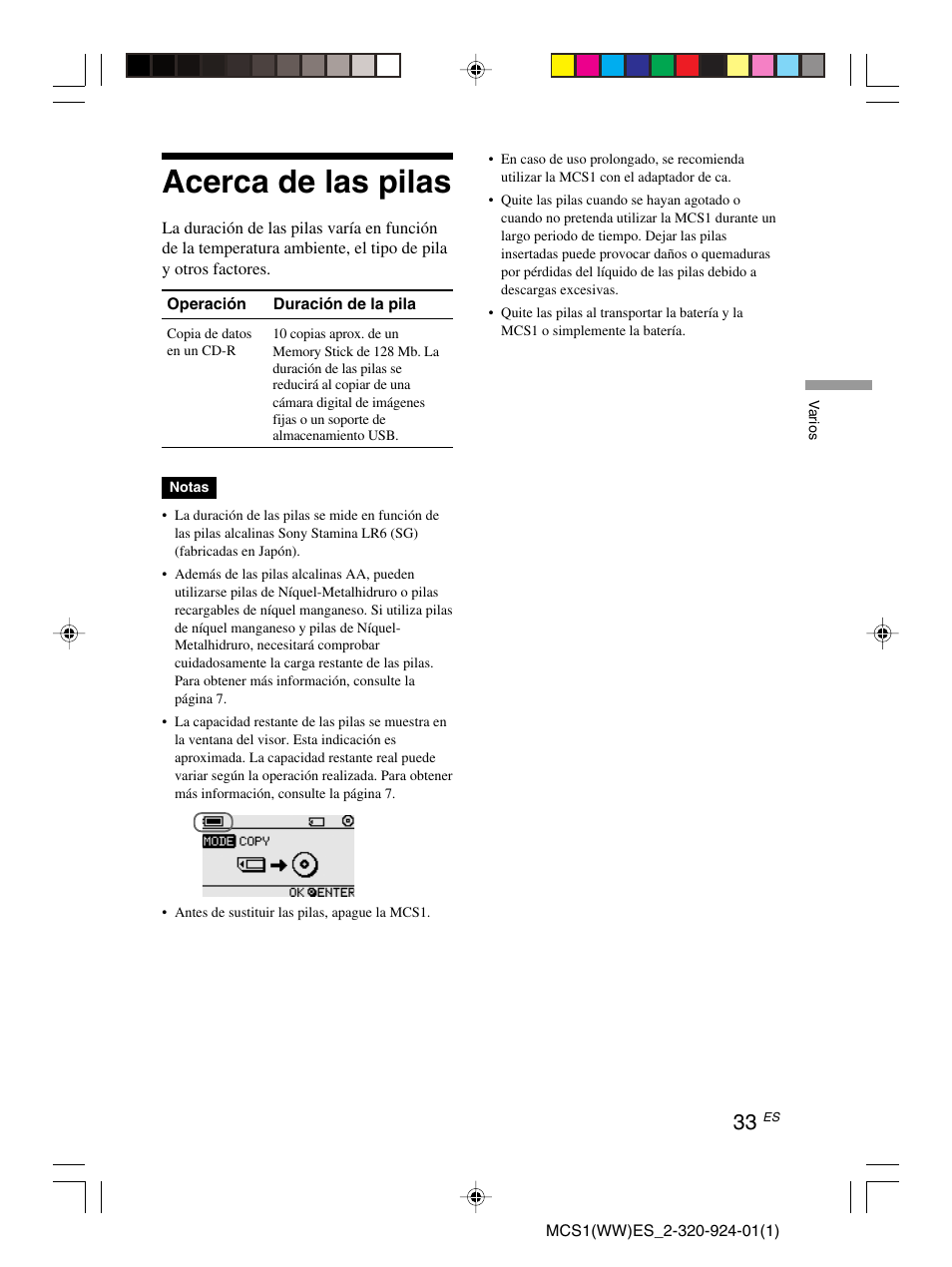 Acerca de las pilas | Sony MCS1 User Manual | Page 103 / 108