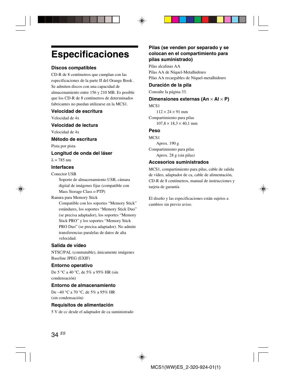Especificaciones | Sony MCS1 User Manual | Page 104 / 108