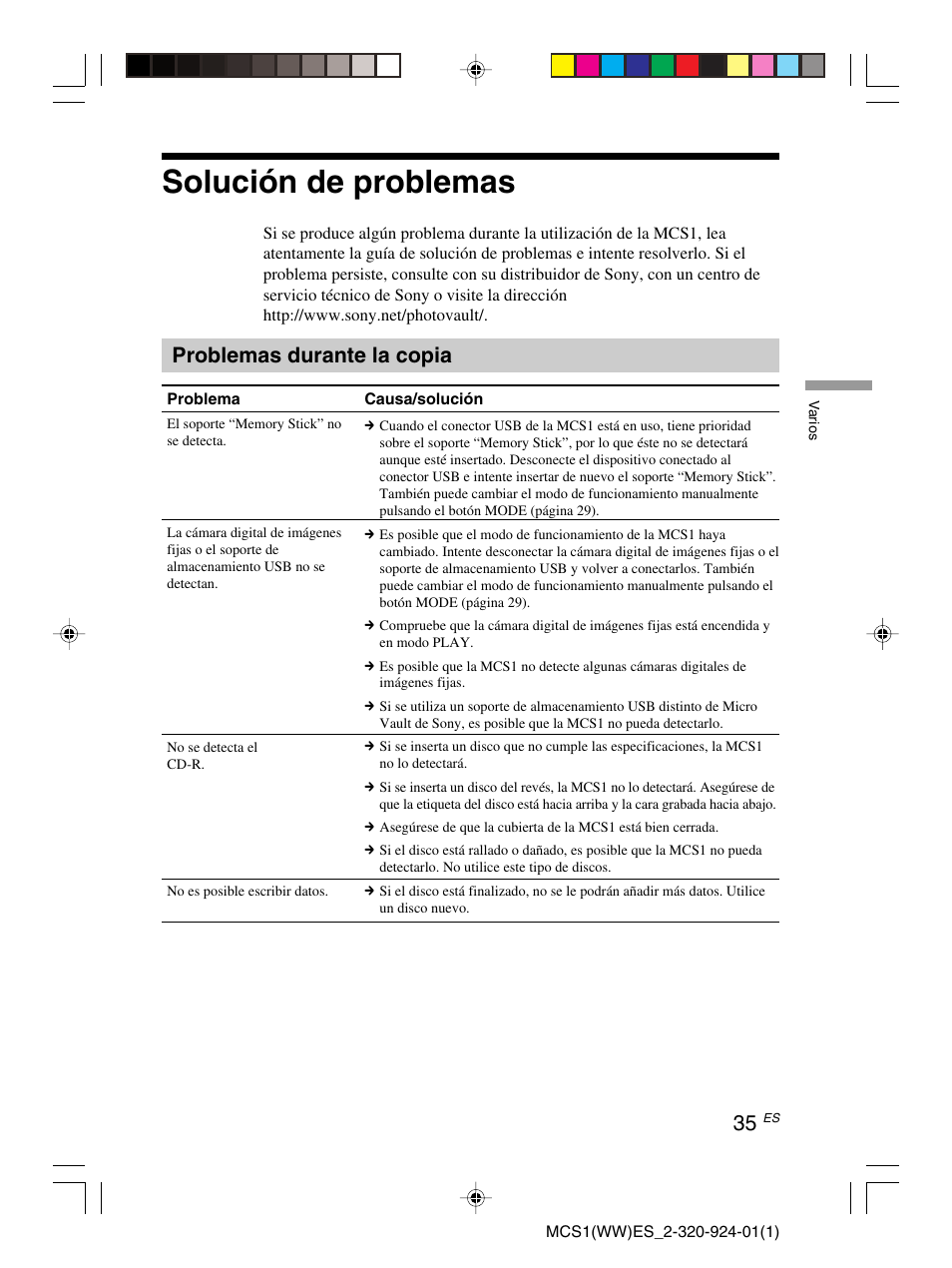 Solución de problemas, Problemas durante la copia | Sony MCS1 User Manual | Page 105 / 108