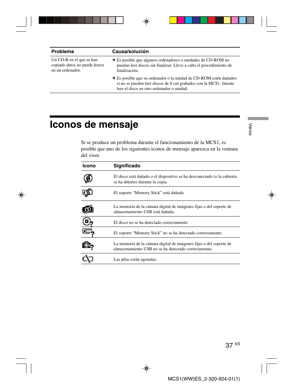 Iconos de mensaje | Sony MCS1 User Manual | Page 107 / 108
