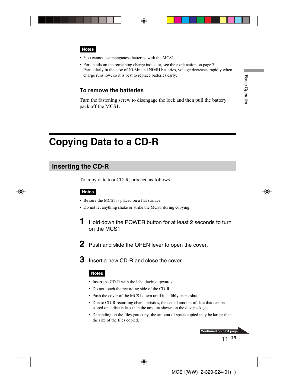Copying data to a cd-r, Inserting the cd-r | Sony MCS1 User Manual | Page 11 / 108