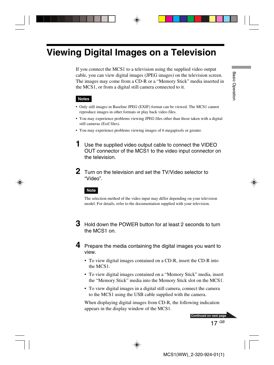 Viewing digital images on a television | Sony MCS1 User Manual | Page 17 / 108