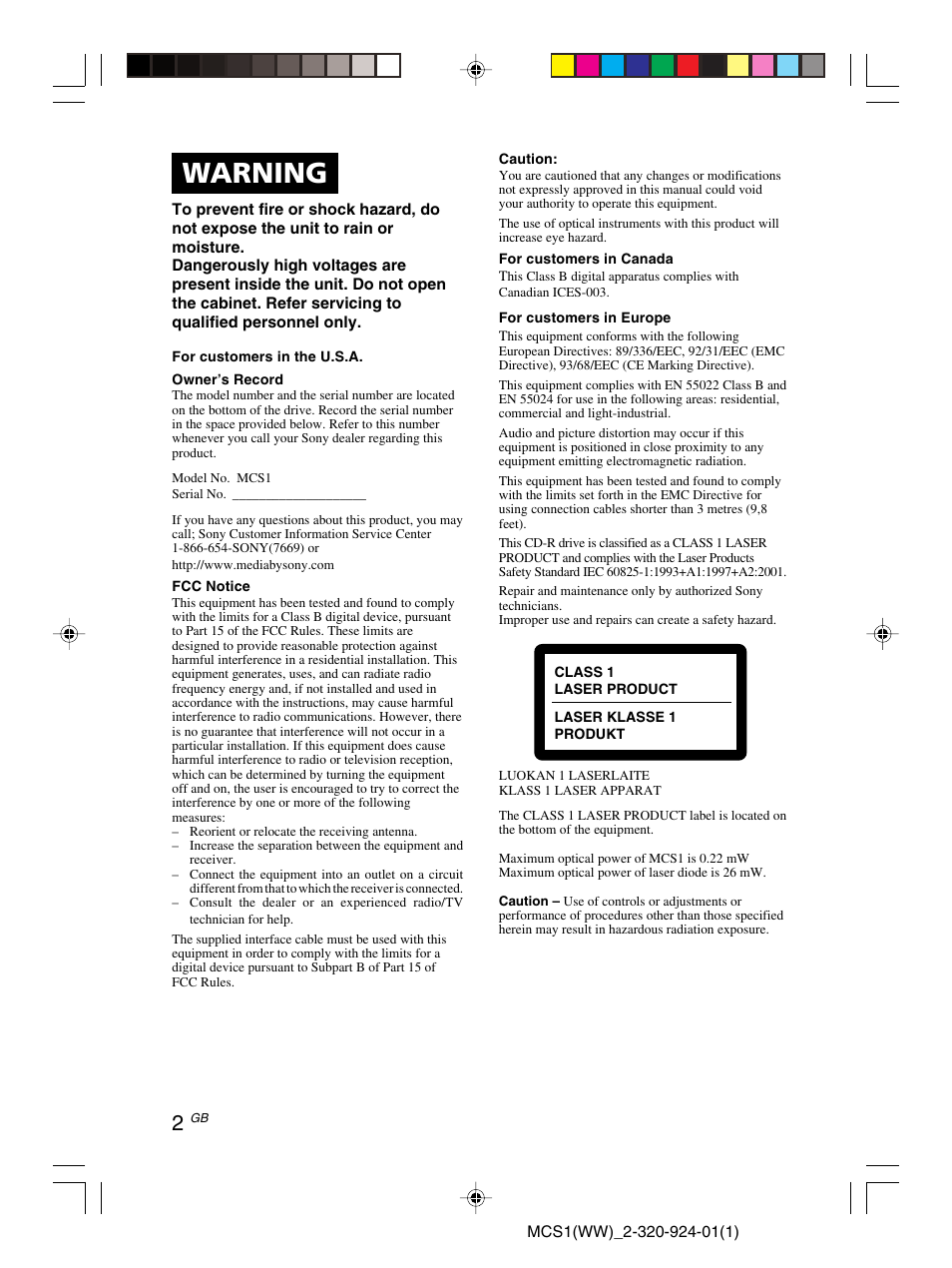 Warning | Sony MCS1 User Manual | Page 2 / 108